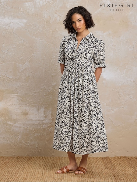 PixieGirl Petite Black Blurred Ditsy Twist Collar Dress (F99271) | €52
