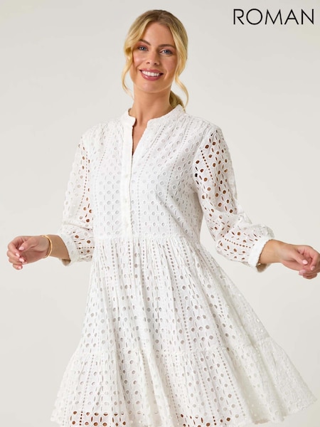 Roman White Petite Broderie Tiered Dress (F99310) | €79