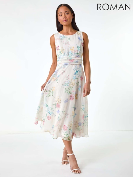 Roman White Petite Floral Gathered Waist Midi Dress (F99316) | €83