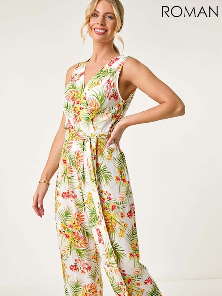 Roman White Petite Leaf Border Print Jumpsuit (F99317) | €63