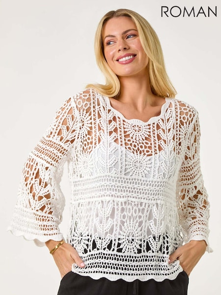 Branco - Roman Petite Crotchet 100% Cotton Tunic Top (F99319) | R$ 510