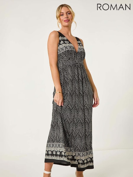 Roman Black Petite Palm Print Border Maxi Dress (F99320) | €86