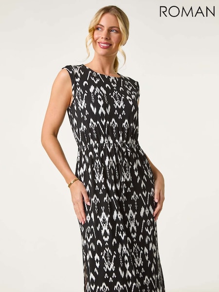 Roman Black Petite Print Tie Waist Dress (F99324) | €53
