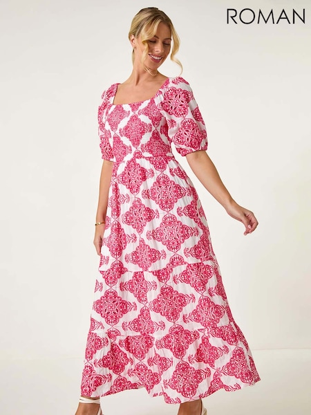 Roman Pink 100% Cotton Embroidered Shirred Maxi Dress (F99329) | R$ 845
