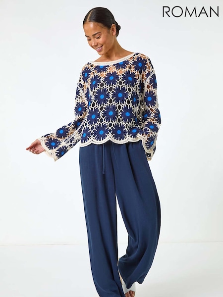 Roman Blue Petite Petite Crochet Floral Knit Top (F99334) | €53