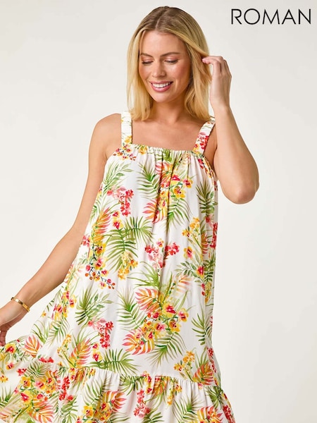 Roman White Petite Print Strap Detail Frill Hem Dress (F99336) | €53