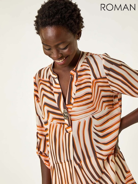 Roman Orange Abstract Linear Print V-Neck Button Top (F99345) | 2,704 UAH