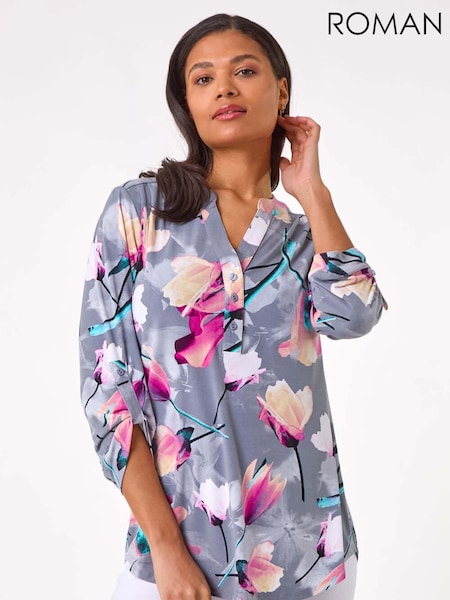 Roman Pink Floral Print V-Neck Button Blouses (F99346) | €45