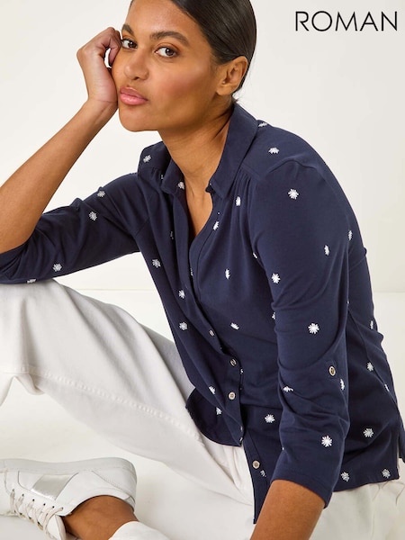 Roman Blue Embroidered V-Neck Cotton Shirt (F99357) | ₪251