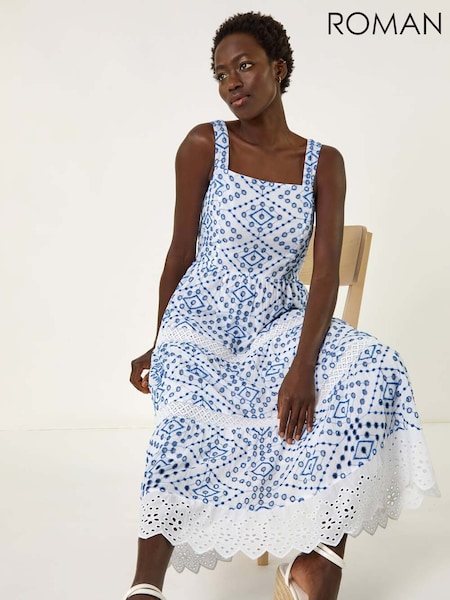 Sininen - Roman 100% Cotton Broderie anglaise Hihna Yksityiskohta Midi- Mekko (F99369) | €95