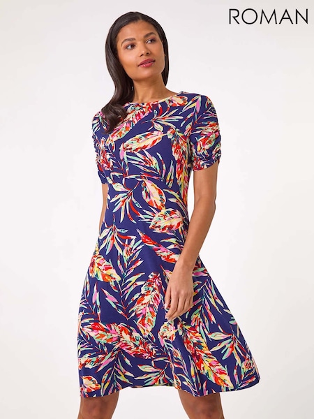 Roman Blue Leaf Print Short Dress (F99371) | R$ 510