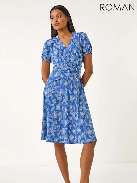 Roman Blue Floral Print Ring Detail Midi Dress (F99377) | R$ 605