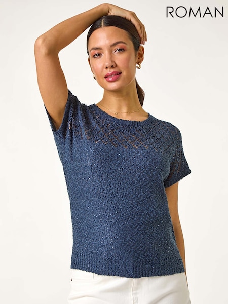 Roman Blue Crochet Mixed Knit Top (F99383) | AZN 123