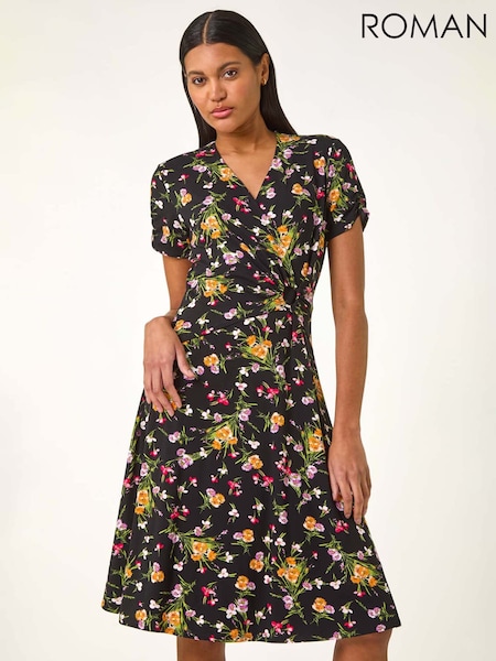 Roman Pink Floral Print Ring Detail Midi Dress (F99387) | R$ 605