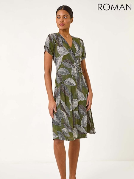 Roman Green Leaf Print Ring Detail Midi Dress (F99391) | €66