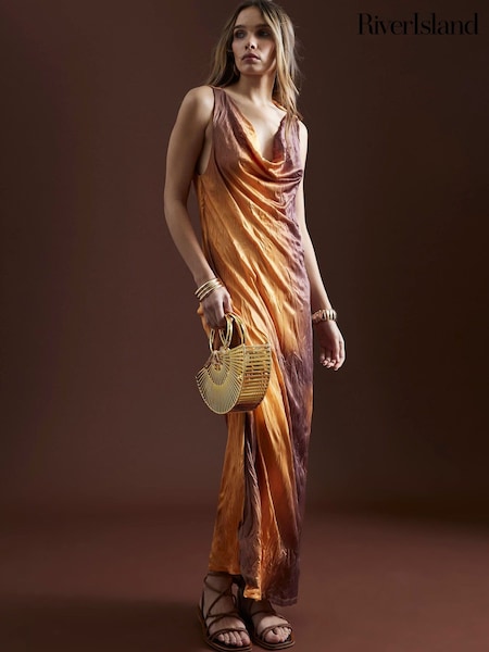 River Island Orange Crinkle Ombre Midi Dress (F99470) | ₪241