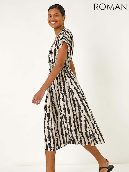Roman Black Abstract Print Shirred Midi Dress (F99522) | €63