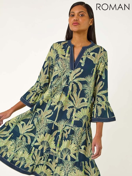 Roman Blue 100% Cotton Palm Print V-Neck Tiered Dress (F99525) | €72