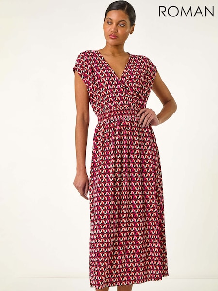 Roman Red Geo Print V-Neck Stretch Midi Dress (F99526) | €53