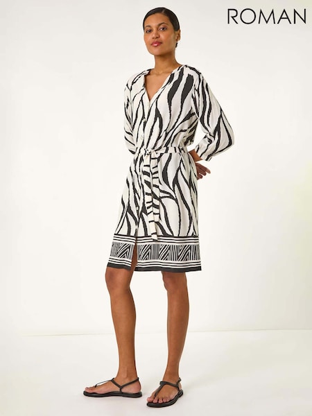 Roman White Abstract Border Tie Shirt Dress (F99535) | €64