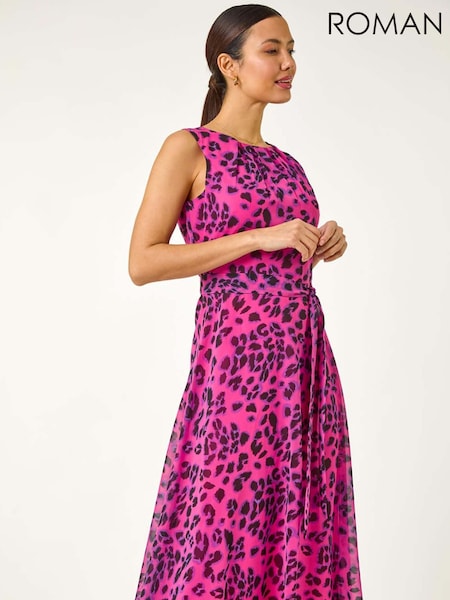 Roman Pink Animal Print Pleated Chiffon Dress (F99536) | 272 QAR