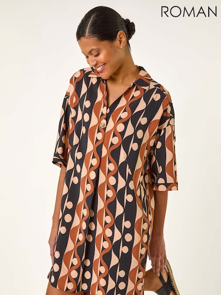 Roman Brown Geometric Collared Shirt Dress (F99537) | ₪302