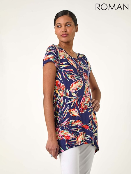 Denim Blue - Roman Leaf Print Hanky Hem Tunic Top (F99545) | 238 LEI