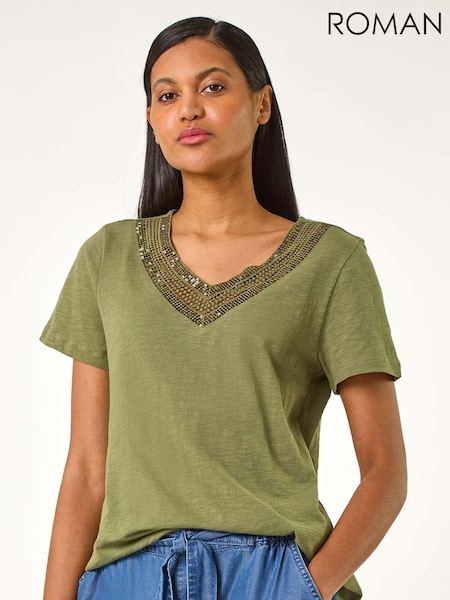 Roman Green 100% Cotton Sequin Trim V-Neck Stretch Top (F99558) | $69