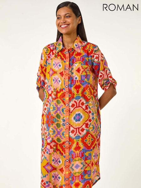 Roman Orange Ikat Button Shirt Dress (F99559) | €60