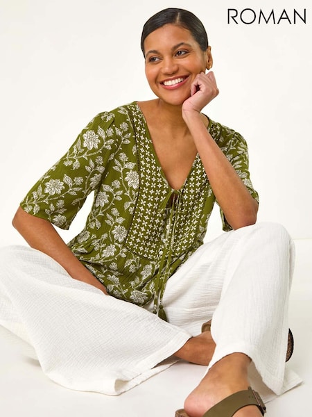Roman Green Floral Print Tassel Tunic Top (F99562) | AZN 123