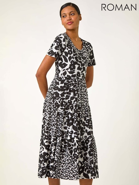 Roman Black Floral Print Tiered Midi Dress (F99567) | €53