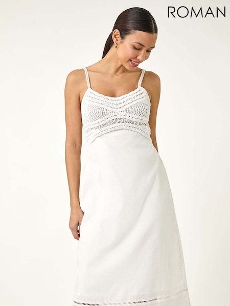 Roman White 100% Cotton Lace Panel Strappy Midi Dress (F99570) | €58