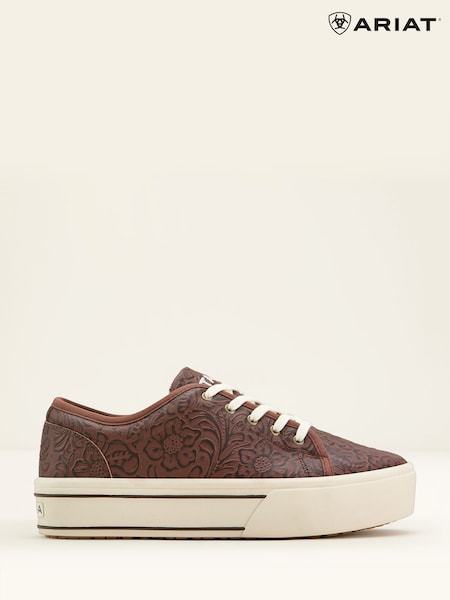 Ruskea - Ariat Skylar Floral Print Emboss Leather Platform Brown Trainers (F99606) | €142