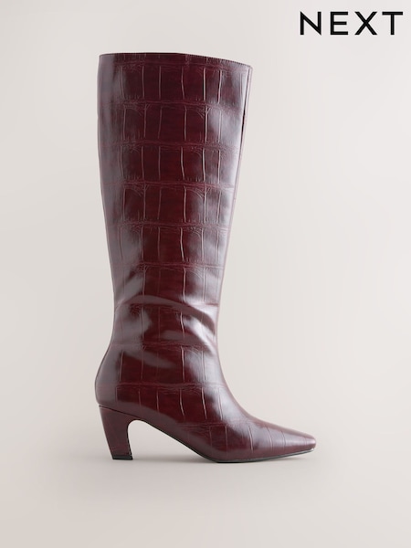 Berry Red Croc Embossed Forever Comfort® Curved Heel Knee High Boots (F99784) | €69