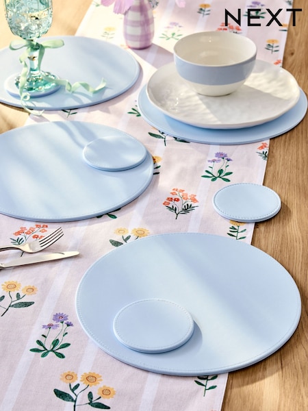 Set of 4 Light Blue Reversible Faux Leather Placemats and Coasters Set (F99990) | €27