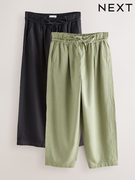 Black/Sage Green Tie Waist Barrel Leg Linen Blend Trousers 2 Pack (G00004) | €64