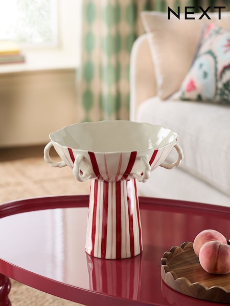 Red/White Striped Ceramic Decorative Footed Bowl (G00036) | 216 QAR