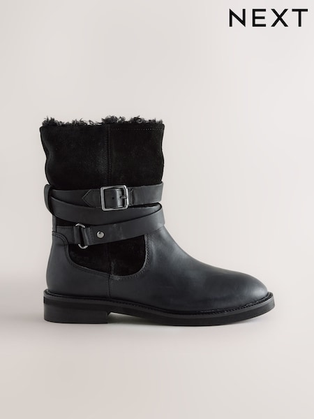 Black Oiled Leather Forever Comfort® Borg Lined Buckle Trim Ankle Boots (G00109) | AED331