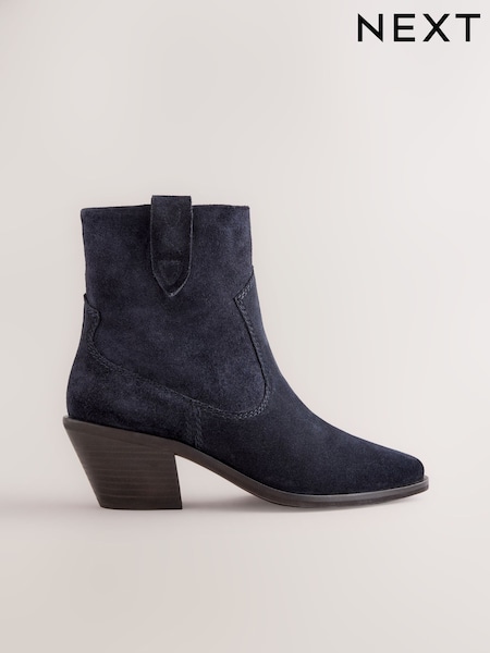 Navy Blue Suede Standard/Wide Fit Cowboy Block Heel Ankle Boots (G00117) | AED247