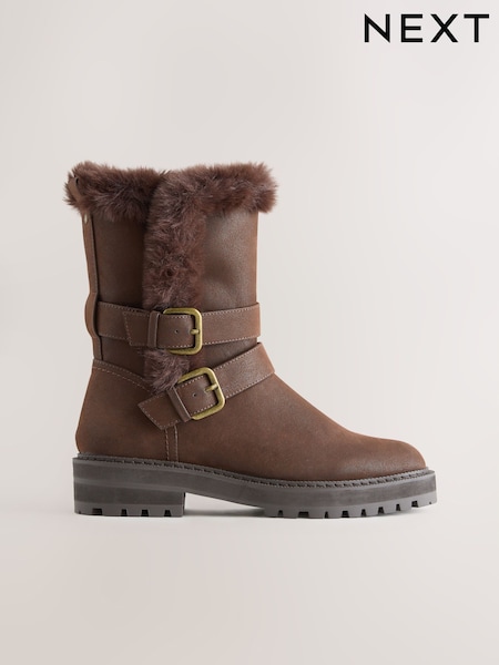 Chocolate marrom - Forever Comfort® Double Buckle Faux Fur Lined Ankle Boots (G00125) | R$ 515