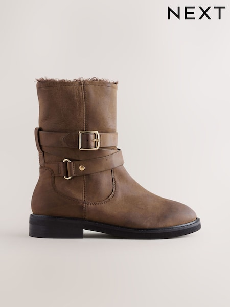 Chestnut Brown Oiled Leather Forever Comfort® Borg Lined Buckle Trim Ankle Boots (G00130) | €116.50