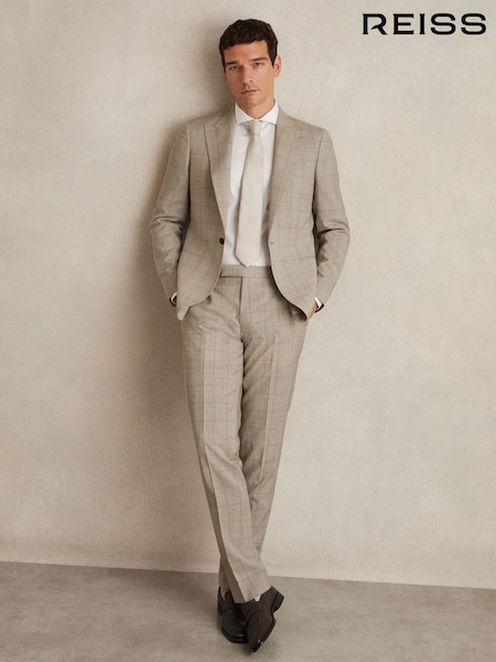 Reiss Oatmeal Brown Alfie Slim-Fit Wool Check Suit Trousers (G00356) | AZN 471