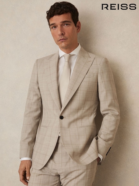 Reiss Oatmeal Brown Alfie Slim-Fit Single-Breasted Wool Check Suit Blazer (G00359) | €495