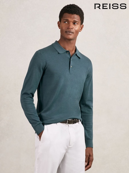 أزرق أوريون - Reiss Trafford Merino Wool Long Sleeve Polo Shirt (G00363) | ‏706 د.إ.‏