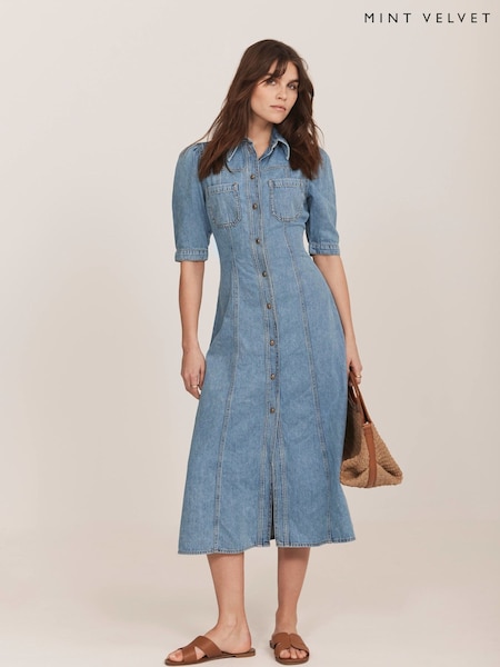 Mint Velvet Blue Denim Midi Shirt 100% Cotton Dress (G00456) | €200