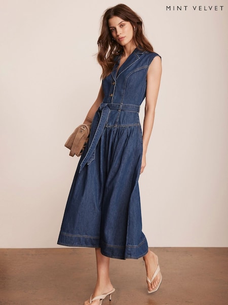 Mint Velvet Blue Drop Waist Collared Denim 100% Cotton Dress (G00467) | €179