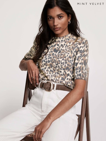 Mint Velvet Cream Leopard Print Knit Top (G00476) | €112