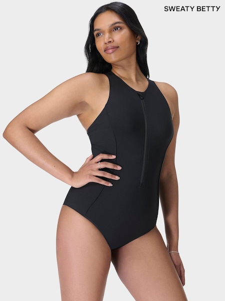 Sweaty Betty Black Tide Zip Through Performance Swimsuit (G00532) | ₪377