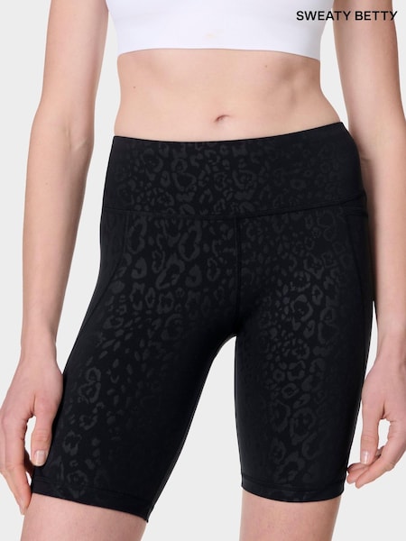 Sweaty Betty Black Leopard Emboss Print 9" Inseam Power 6" Biker Shorts (G00561) | €77