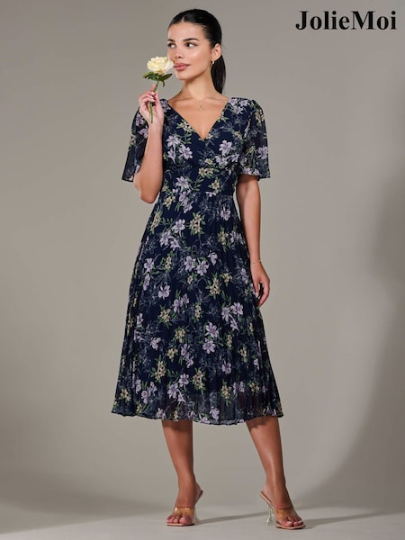 Jolie Moi Blue Petite Petite Chiffon Pleated Midaxi Dress (G00630) | ₪377